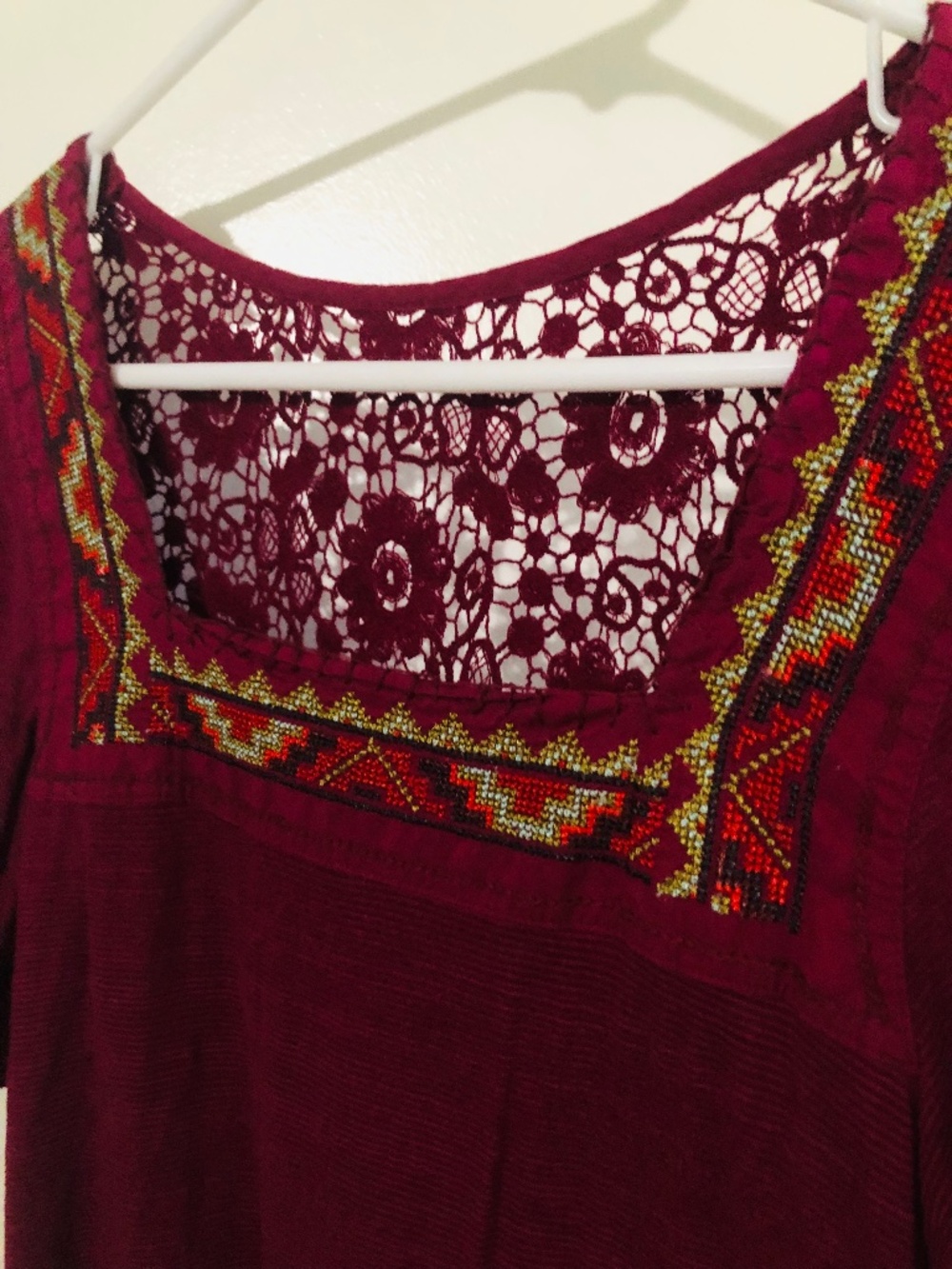 Lucky Brand “Live in Love” Bohemian Beaded Blouse with Floral Back Cutout
